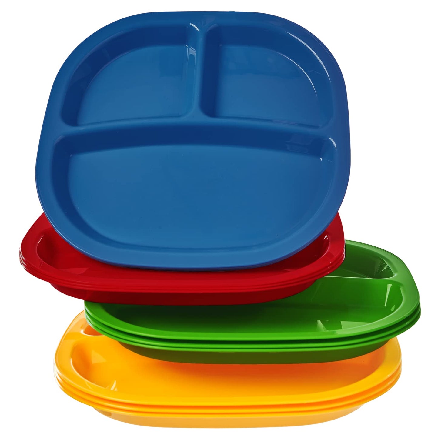 US Acrylic Harmony 3-compartment Divided Plastic Kids Tray in 4 Primary Colors | set of 12 Reusable, BPA-free Plates, Made in th