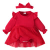 Sobowo Infant Red Dress Baby Girl Romper Dress Tutu Ruffle Long Sleeve Tulle Solid Onsies Dresses Fall Outfits With Headband(12-