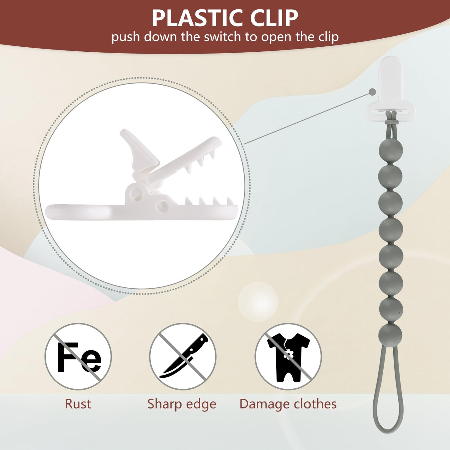 6-Pack Silicone Pacifier Clips For Babies, Safe Teething Beads, Rust-Free Holders, Baby Boy And Girl Essentials, Newborn Must-Ha