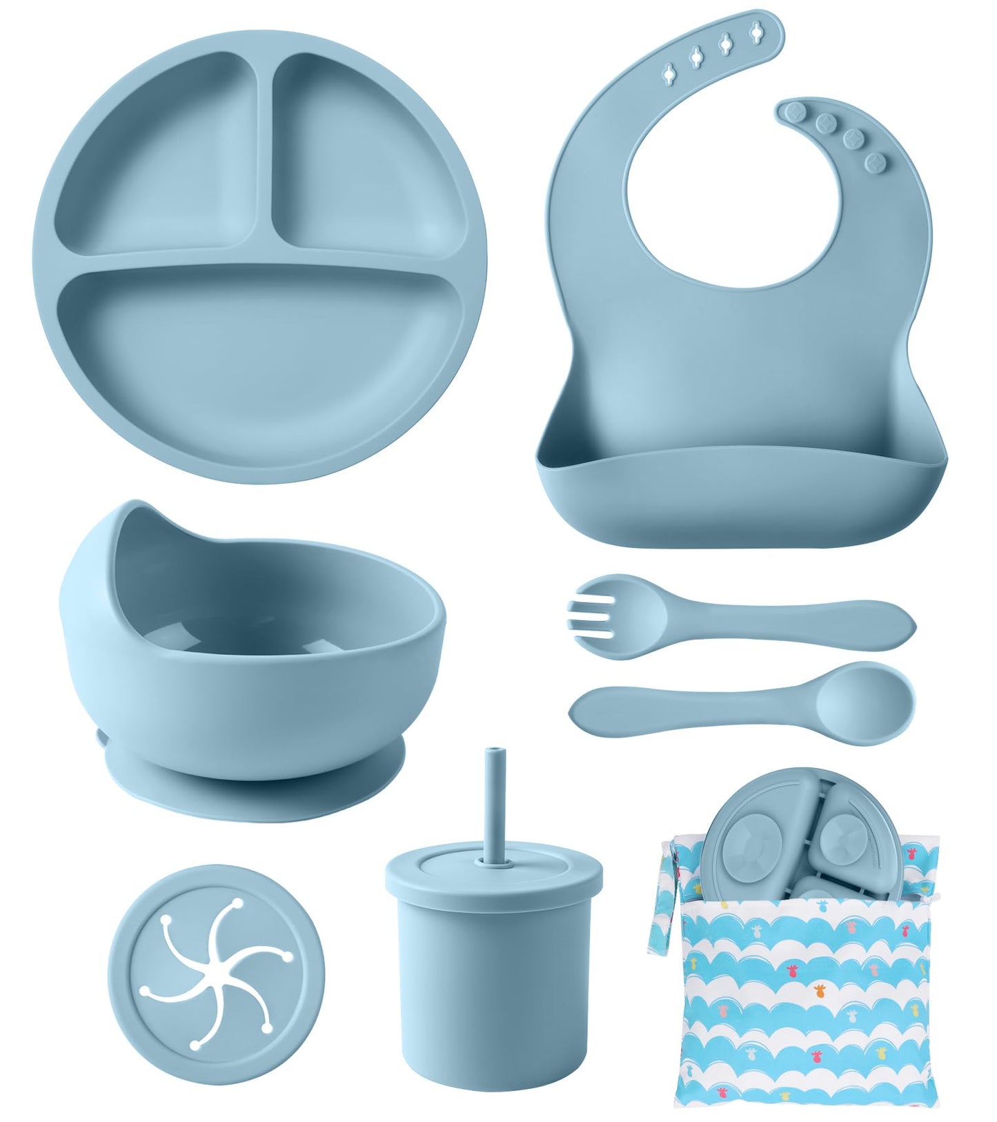 Silicone Baby Feeding Set, 10 Pcs Baby Led Weaning Supplies with Suction Bowl Divided Plate Adjustable Bib Soft Spoon Fork Snack