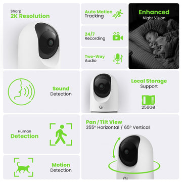 Gearit Indoor Cameras For Home Security - Camera With Pan/Tilt & Clear 2K Hd Video - 33 Ft Night Vision, 2 Way Audio, Motion Det