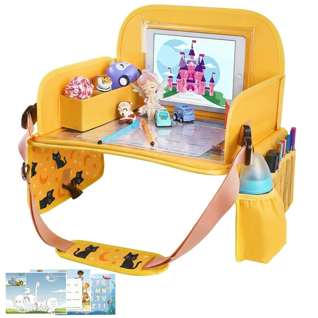 MENZOKE Kids Travel Tray for Toddler Car Seat, Toddler Gift for Boy Activities with iPad Holder Stand & Storage Pockets, Road Tr