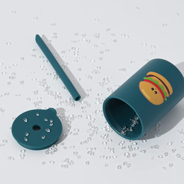 Joyit Silicone Toddler Open Cup With Straw, Silicone Open Mouth Cup For Baby 6 Oz, Baby Training Cup (Hamburger-Ocean Blue)