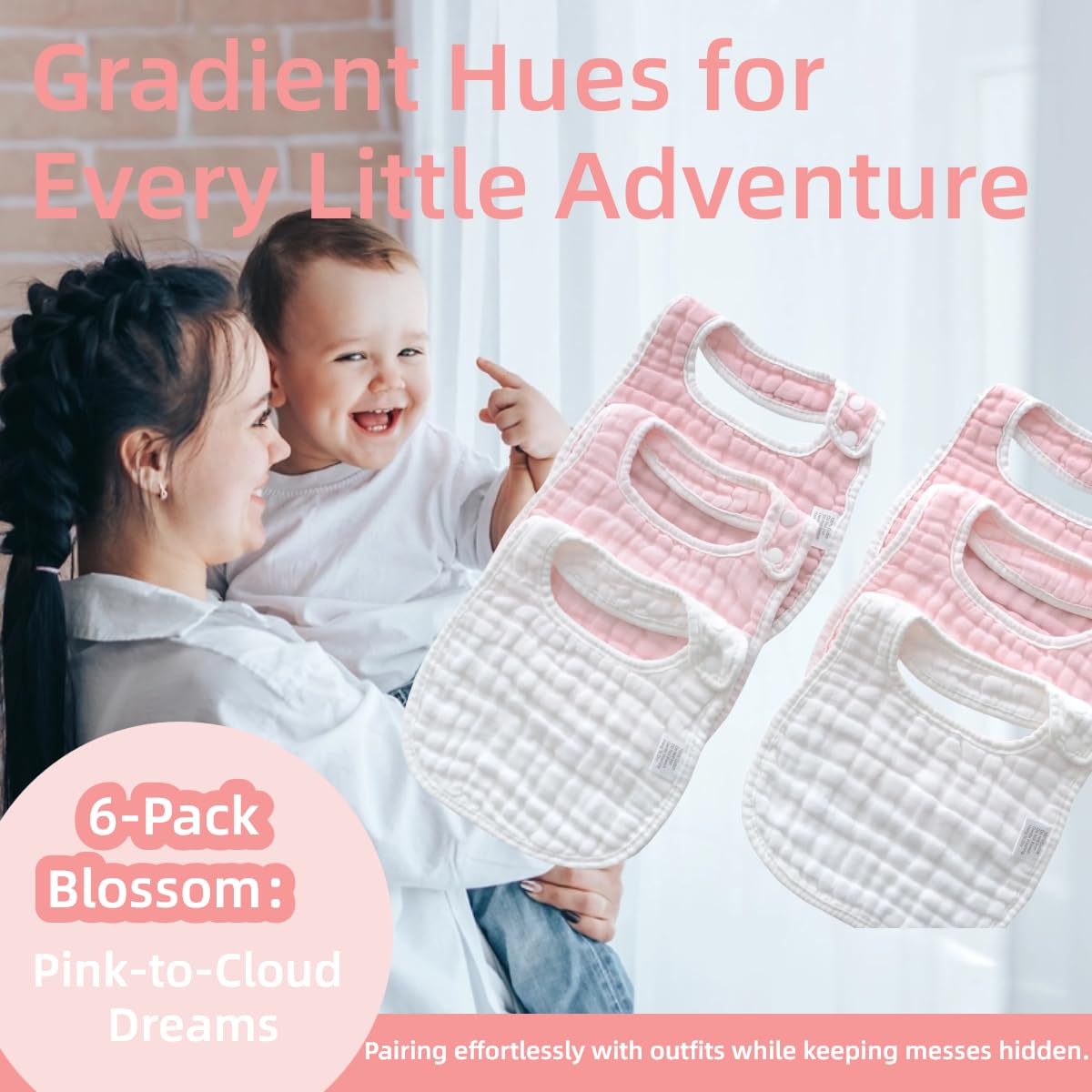 Mukin Baby Muslin Bibs And Burp Cloths, 6 Pack, Soft Absorbent Cotton, Adjustable (Gradient Pink)