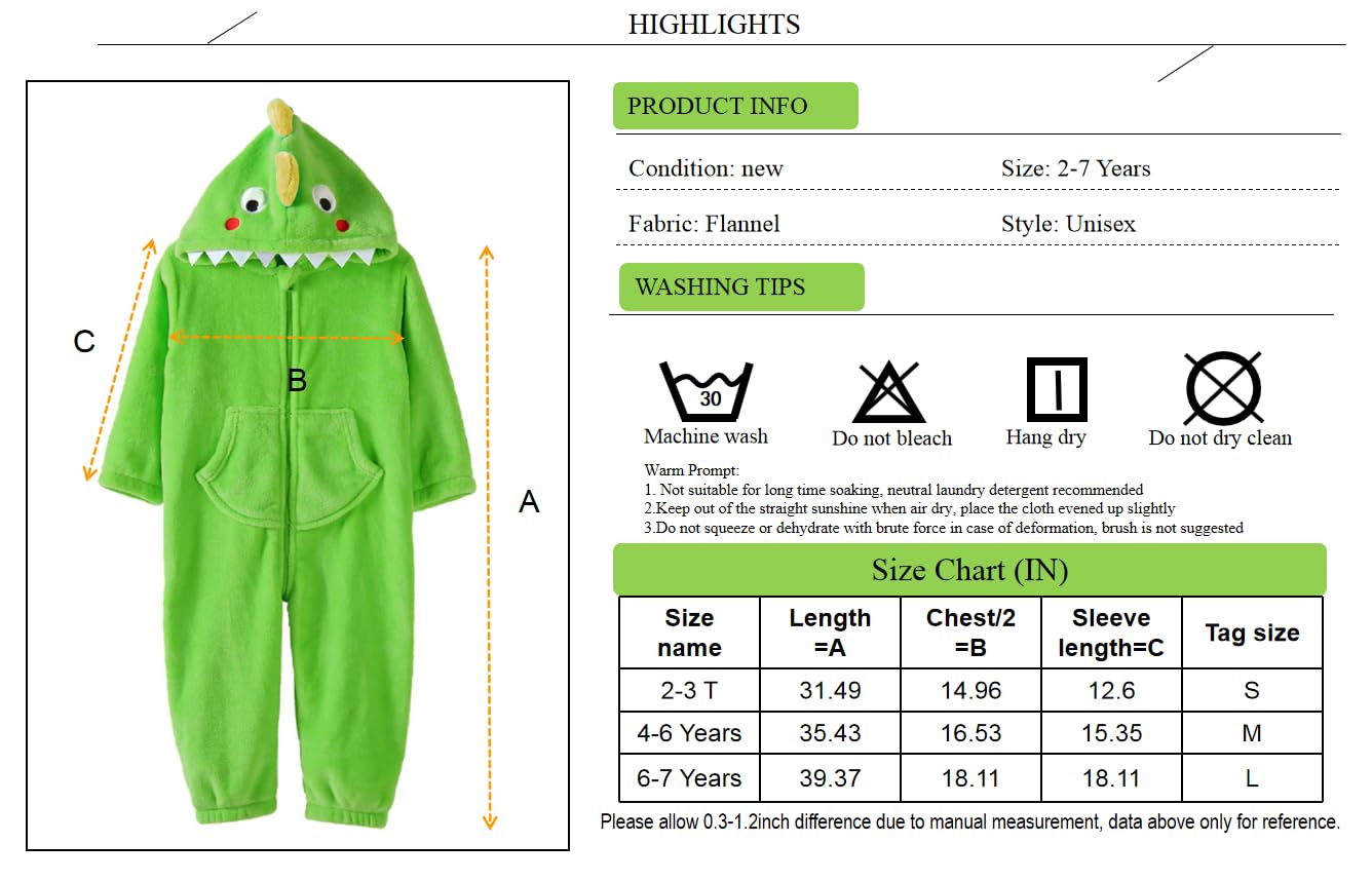 Lolanta Boys' Girls' Costume Flannel Jumpsuit Dinosaur Soft One Piece Animal Kids Halloween Birthday Gift (Dark Green, 6-7 Years