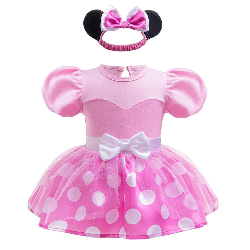 NEWEPIE Minnie Princess Costume for Baby Girls Halloween Outifts Christmas Birthday Romper Tutu Dress w/Headband Pink