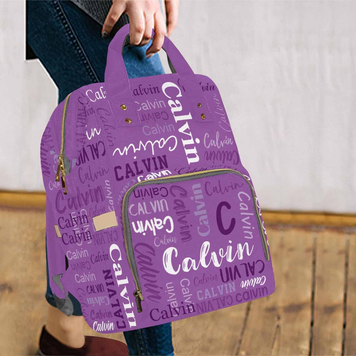Personalized Diaper Backpack With Name, Purple Text Name Logo Custom Diaper Bag Baby Nappy Bag Fashion Shoulder Bag Casual Daypa