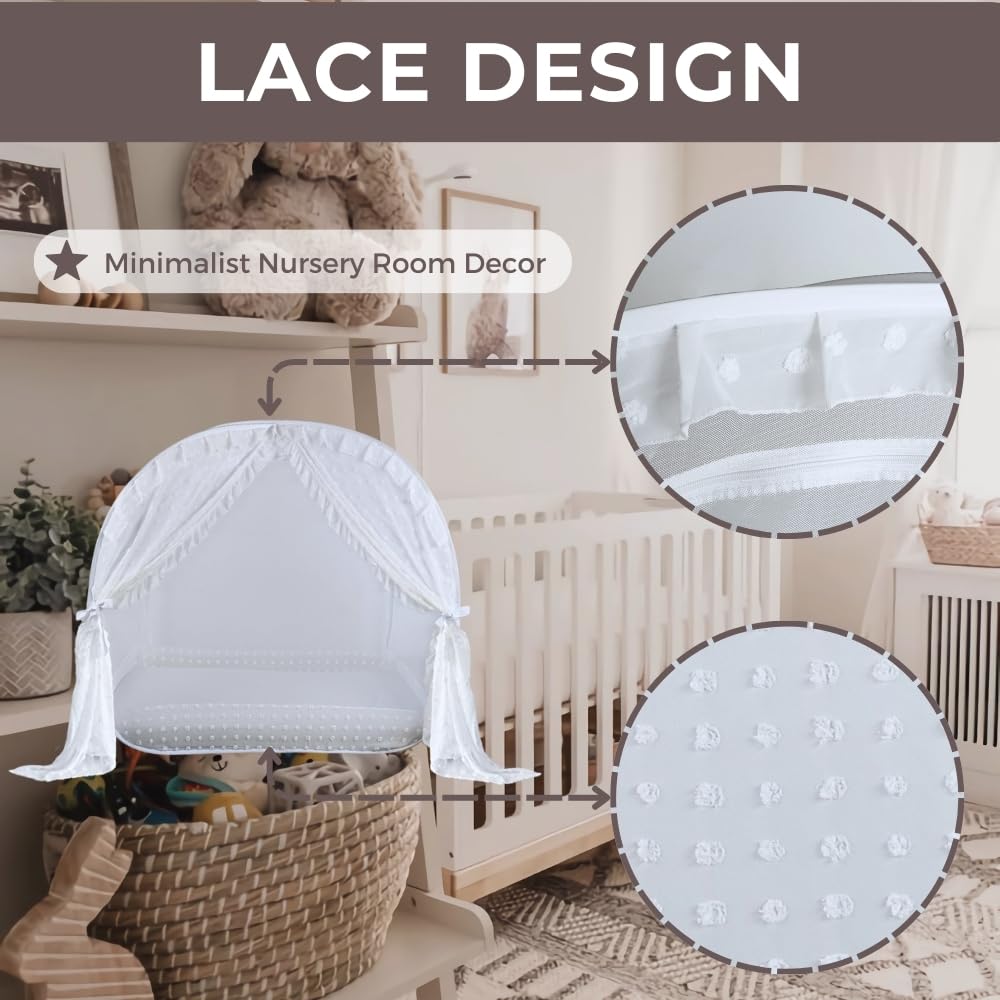 Wonder Space Elegant Baby Crib Net Tent - Minimalist Lace Design - Durable & Breathable Mesh To Keep Baby In & Stop Baby From Cl