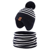 Jangannsa Knitted Baby Hat Scarf Set Winter Warm Boys Girls Beanie Fleece Lining Toddler Kids Hat With Pompom(Striped Navy(Hat+S