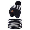 Jangannsa Knitted Baby Hat Scarf Set Winter Warm Boys Girls Beanie Fleece Lining Toddler Kids Hats With Pompom(Striped Navy(Hat+