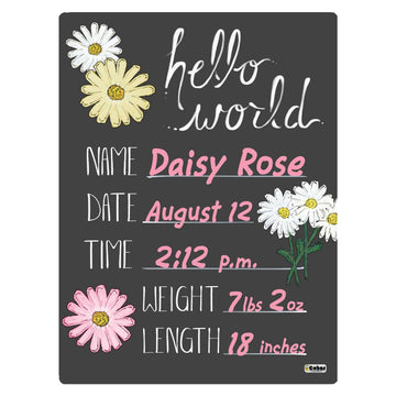 Cohas Hello World Newborn Baby Announcement Chalkboard Sign With Daisy Flower Theme, 9 By 12 Inches, Pink Marker
