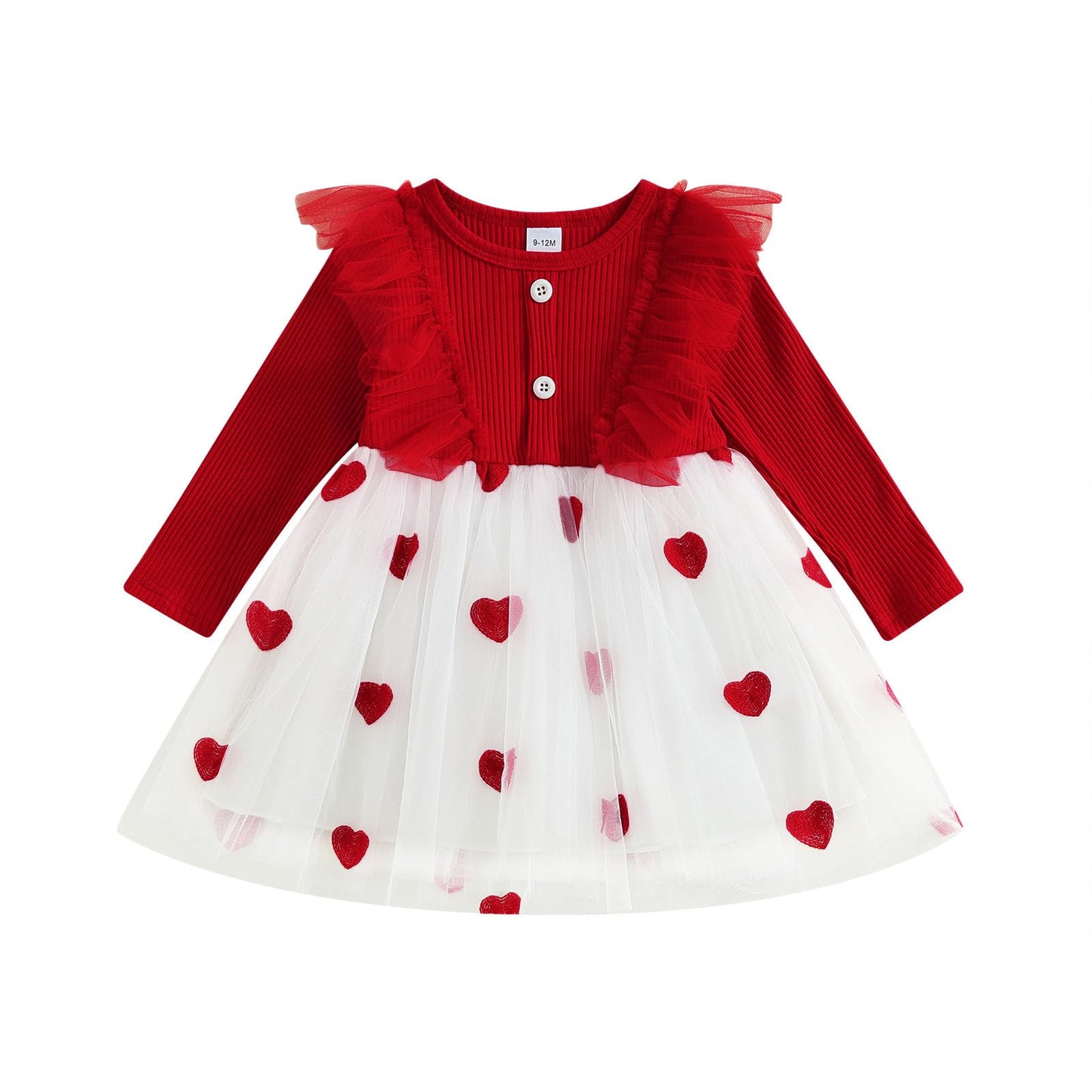 Toddler Baby Girl Valentines Day Outfit Knitted Ruffle Long Sleeve Dress Heart Tulle Tutu Skirt Dresses Spring Fall Clothes (Red