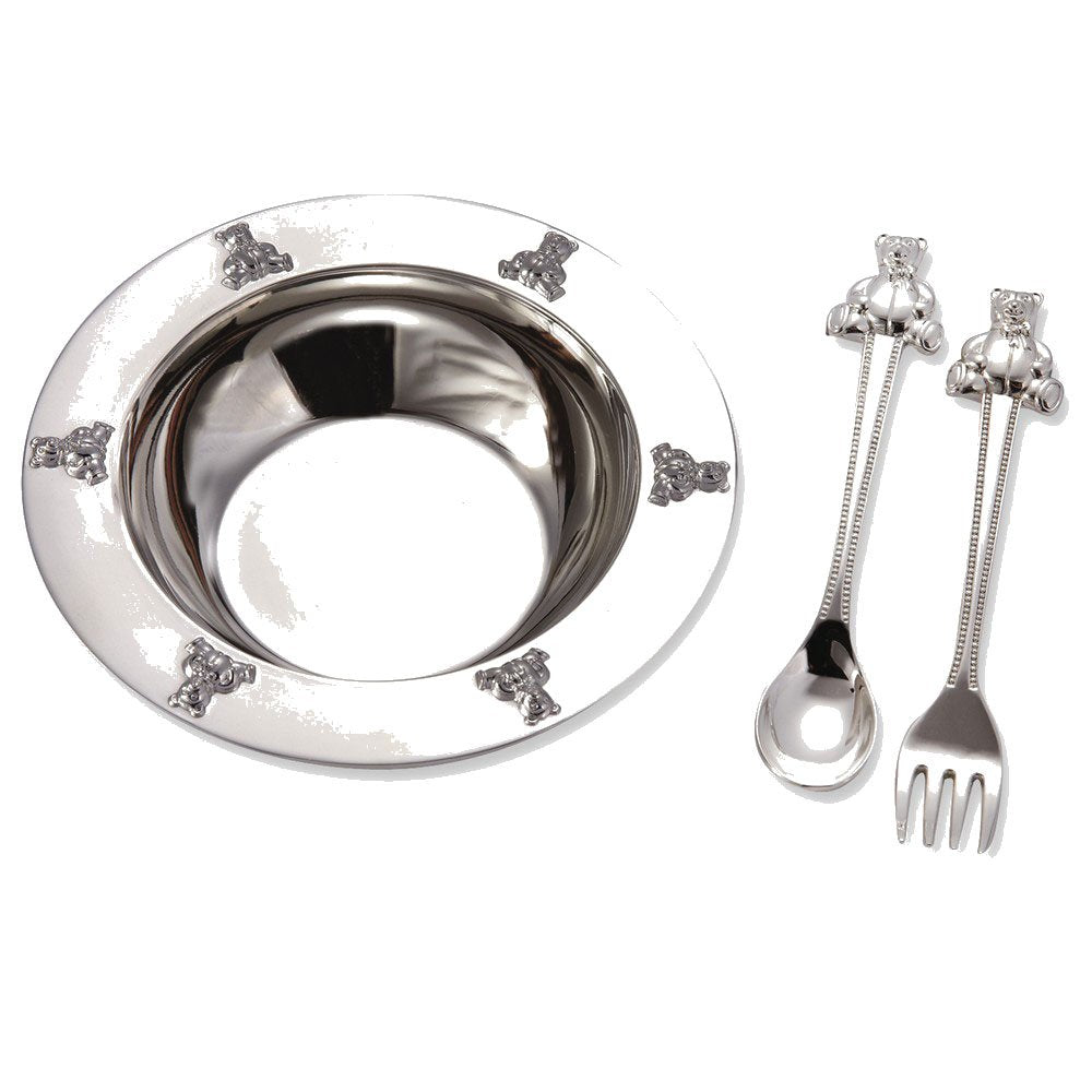 1 X Silverplated Baby Bear Bowl, Spoon, Fork Set By Elegance Silver