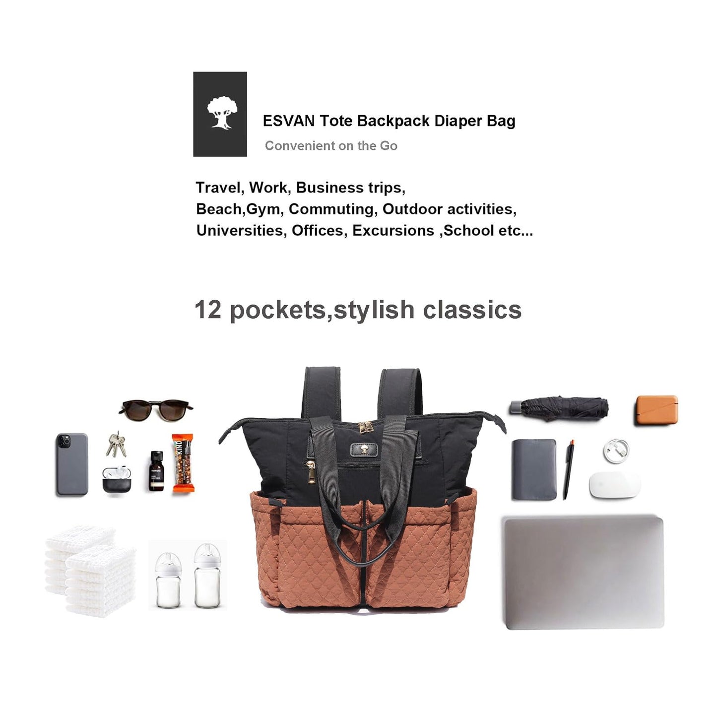 Esvan Diaper Tote Bag Totepack Backpack 2 In 1 For Women Multifunctional Large Capacity With Insulated Pockets Travel (Black Bro