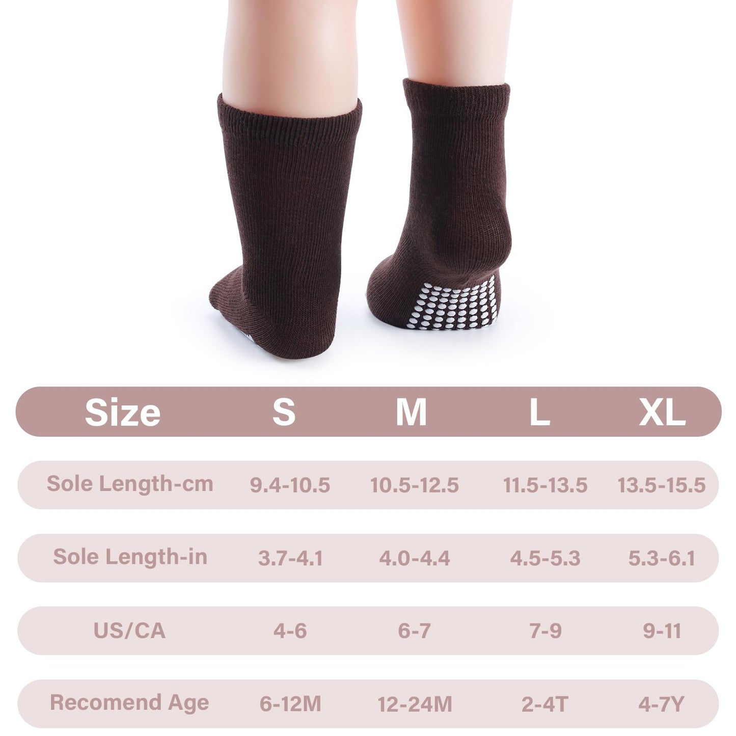 Jakidar 12 Pairs Baby Socks Cotton Crew Toddler Socks Grips Non Slip Bottom Kids Socks, Brown 12-24M