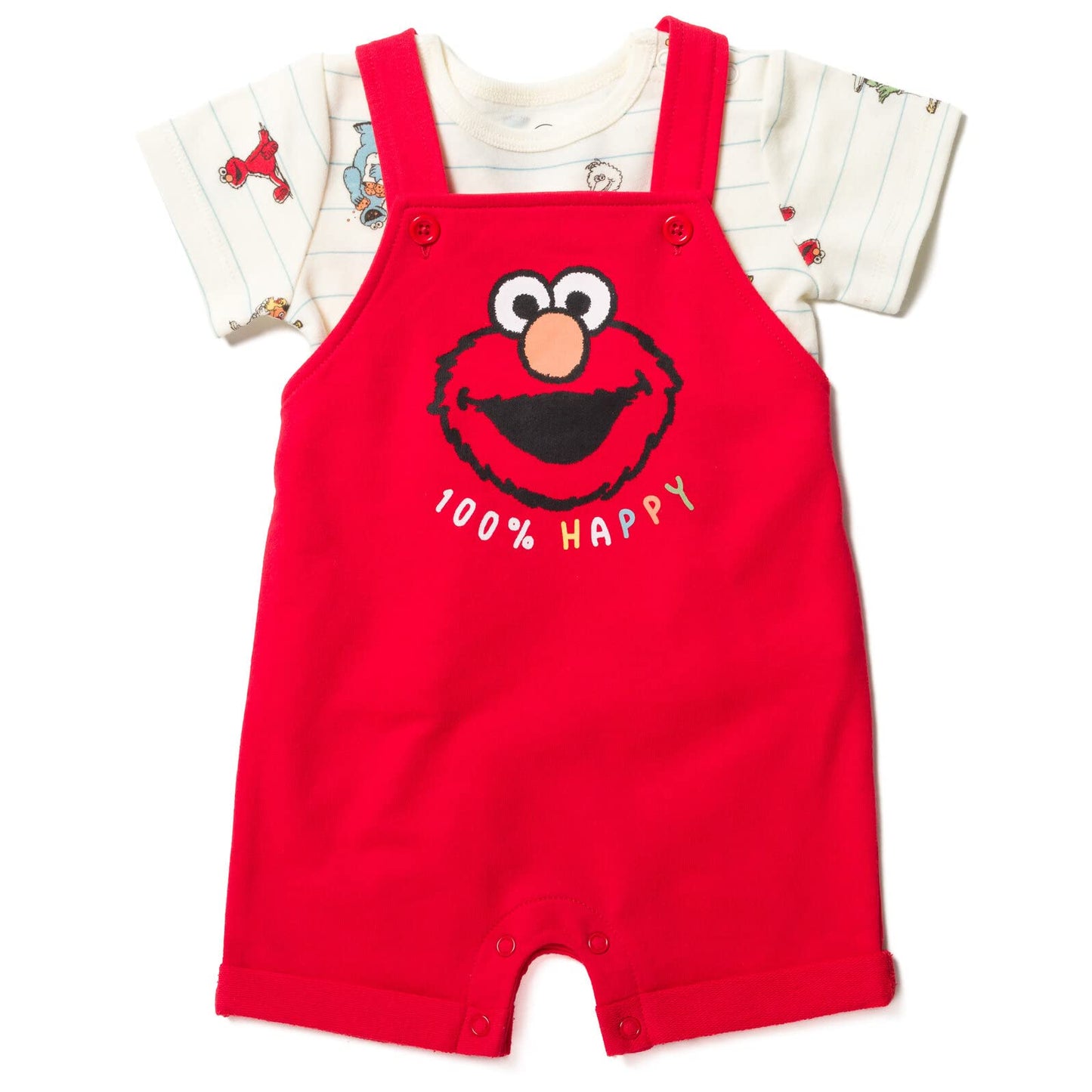 Sesame Street Elmo Toddler Boys French Terry Short Overalls T-Shirt And Hat 3 Piece Outfit Set Red/White 3T