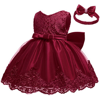 Baby Christmas Embroidery Lace Dresses Little Kid Easter Halloween Wedding Formal Event Dress (Burgundy 8348,24M)