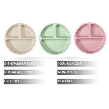 Pandaear 3 Pack Divided Unbreakable Silicone Baby And Toddler Plates - Non-Slip - Dishwasher And Microwave Safe - Silicone (Pink