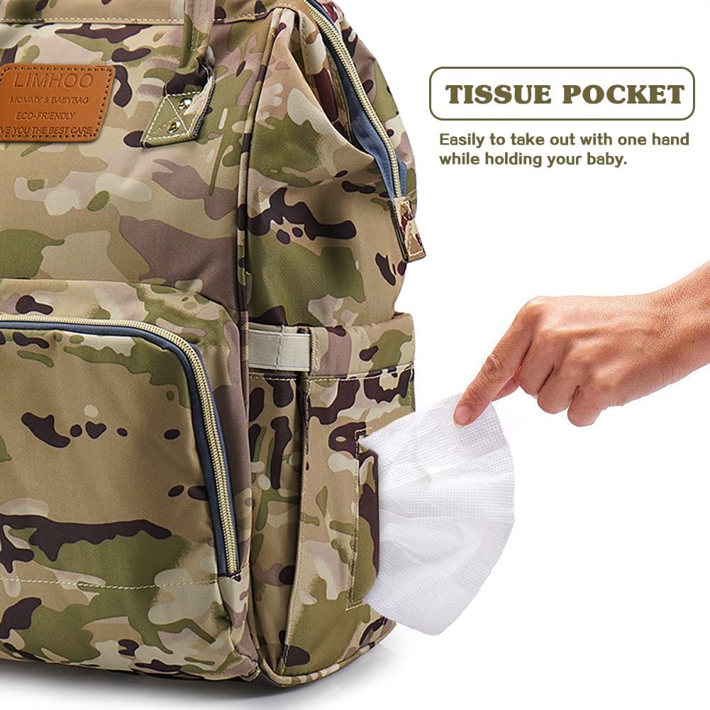 Limhoo Diaper Bag Backpack For Men Dad, Waterproof Large Canvas Camo Nappy Bags, Baby Care Bag (Camo)