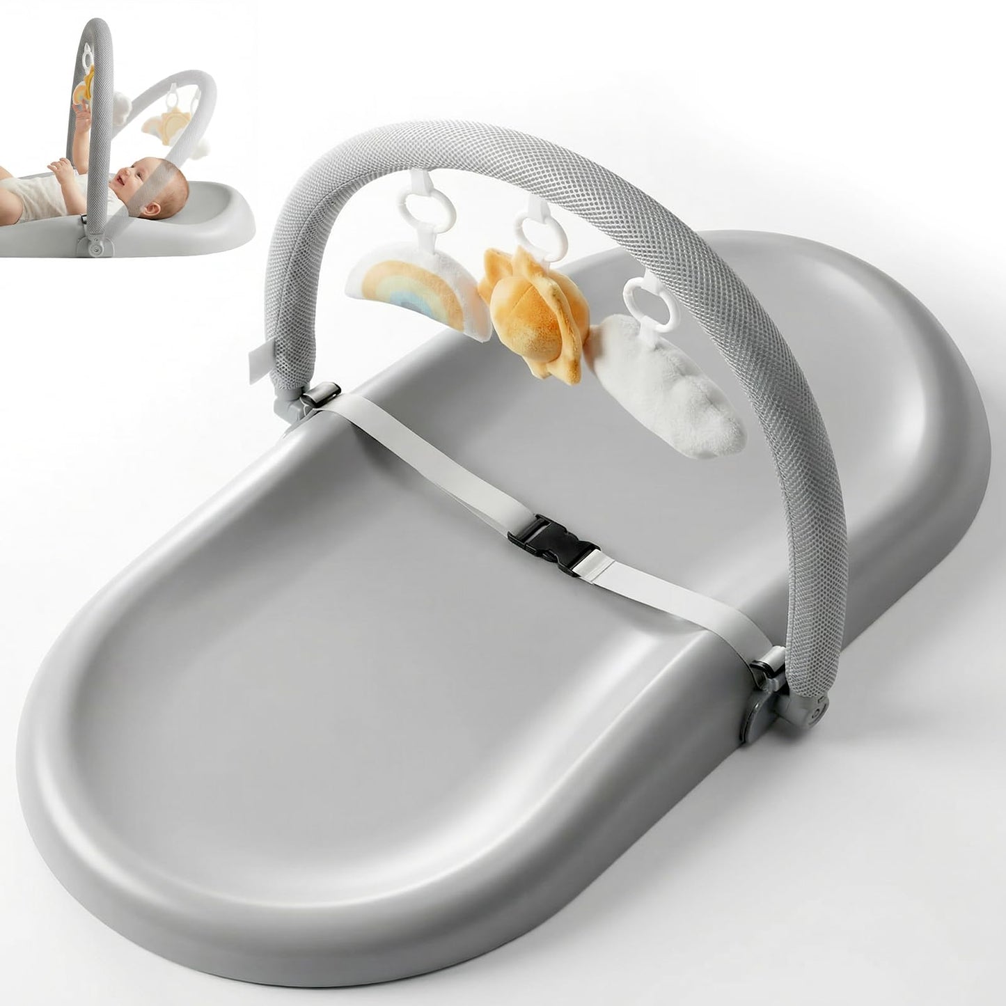 Wipe-Clean Baby Changing Pad, Waterproof Durable PU Pad, Soft & Non-Slip Safety Belt & Hanging Toys, Easy to Adjust & Removable