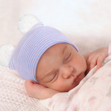 Dreshow Bqubo 3 Pack Newborn Hospital Hat Infant Baby Hat Cap With Double Pom-Poms Soft Cute Nursery Beanie