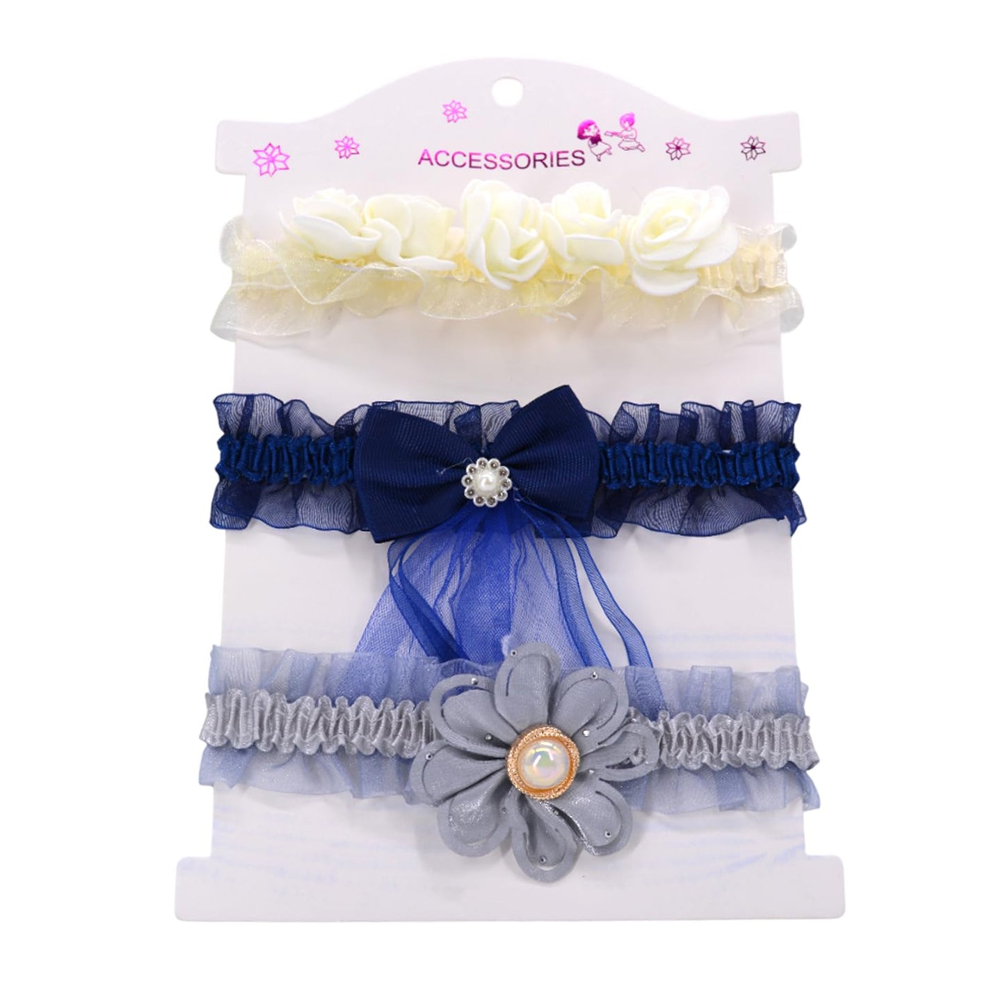 Syga Baby Headband Set Pack Of 3 For Girls (03 Years) | Soft Stretchable Rose Flower & Bow Hairbands | NonSlip Infant Toddler