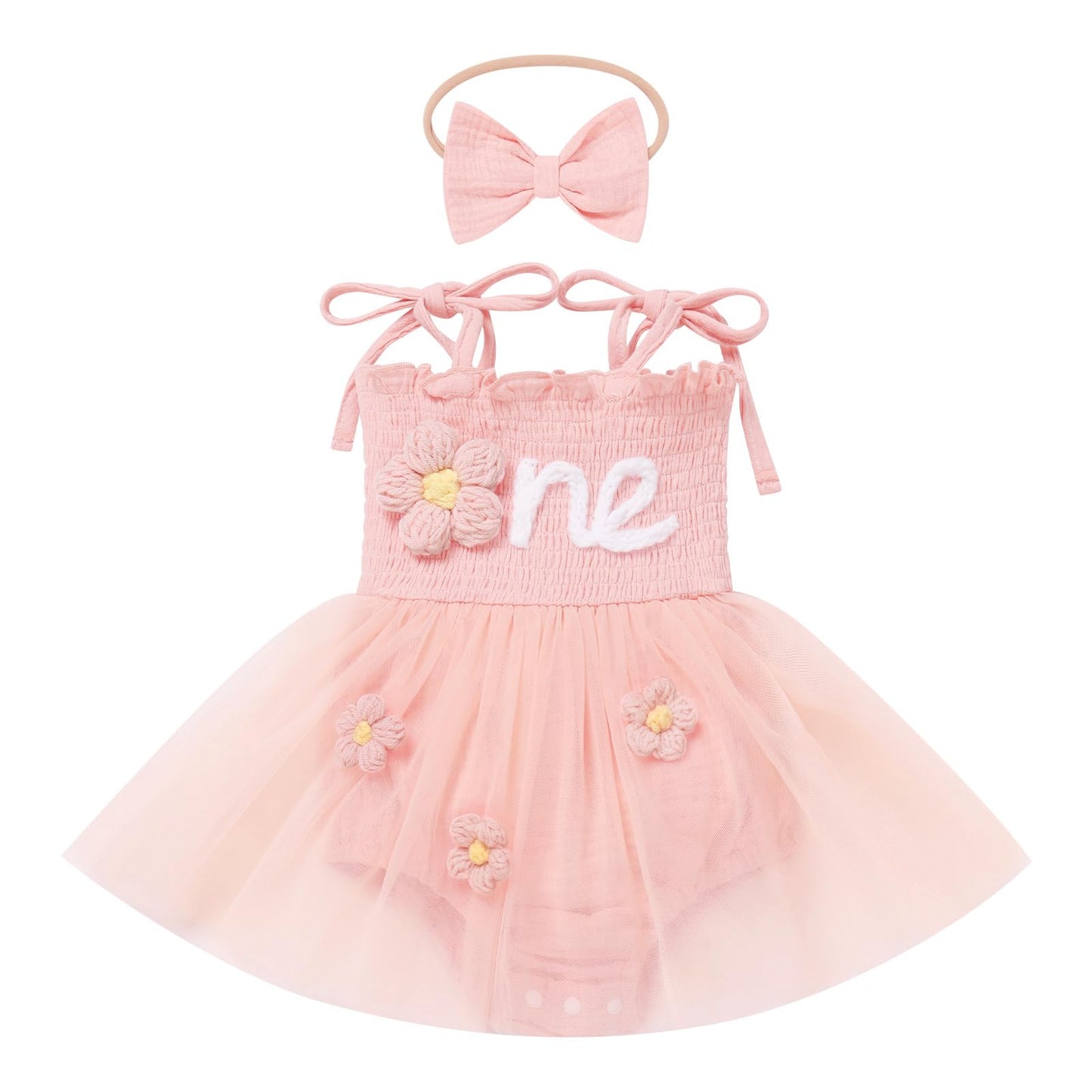 IBTOM CASTLE One Sweet Peach Birthday Decorations: Baby Girls Onederful 1st Birthday Outfit Spaghetti Straps Romper Dress with B
