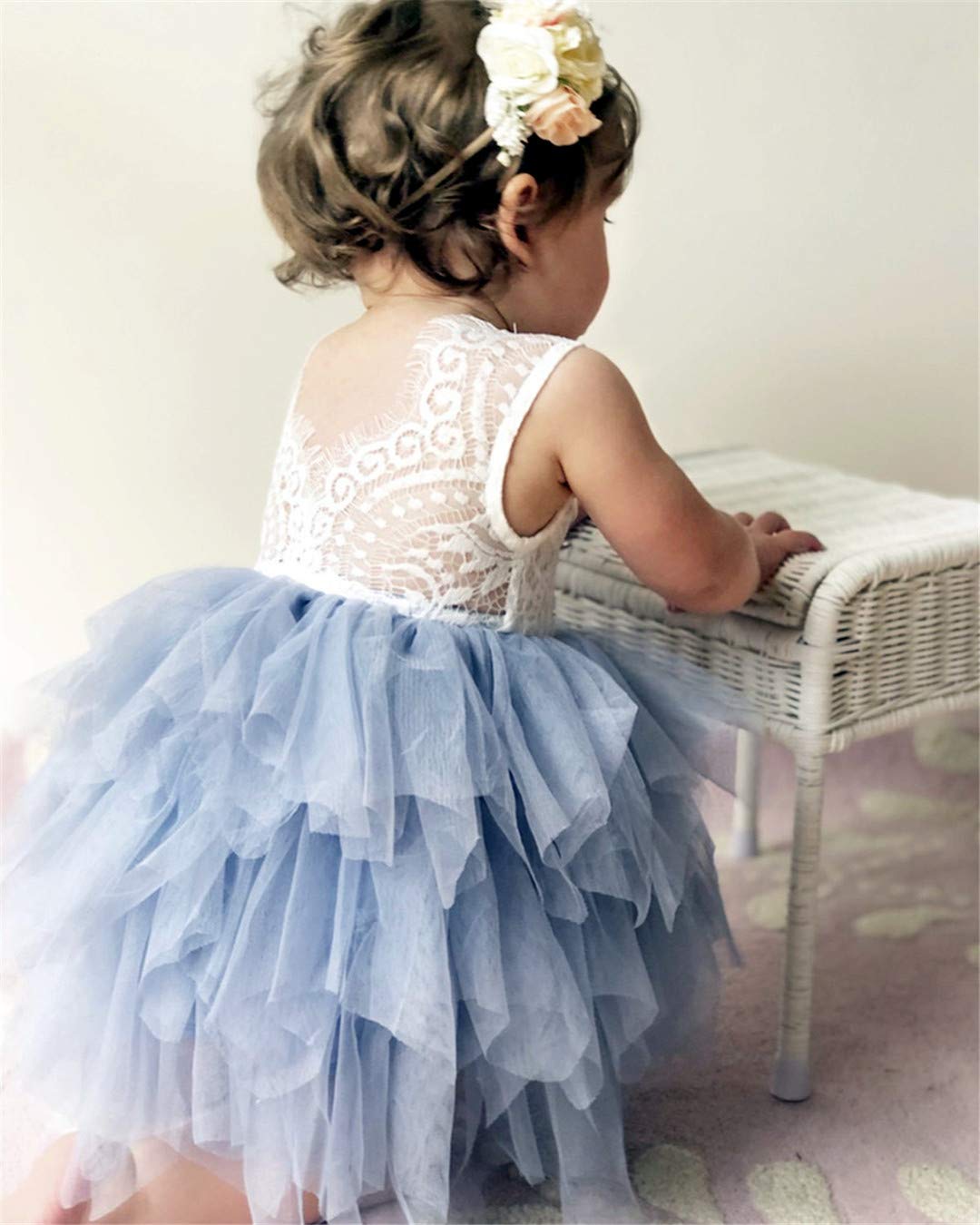 2Bunnies Girl Peony Lace Back A-Line Tiered Tutu Tulle Flower Girl Dress (Gray Sleeveless Short, 6)