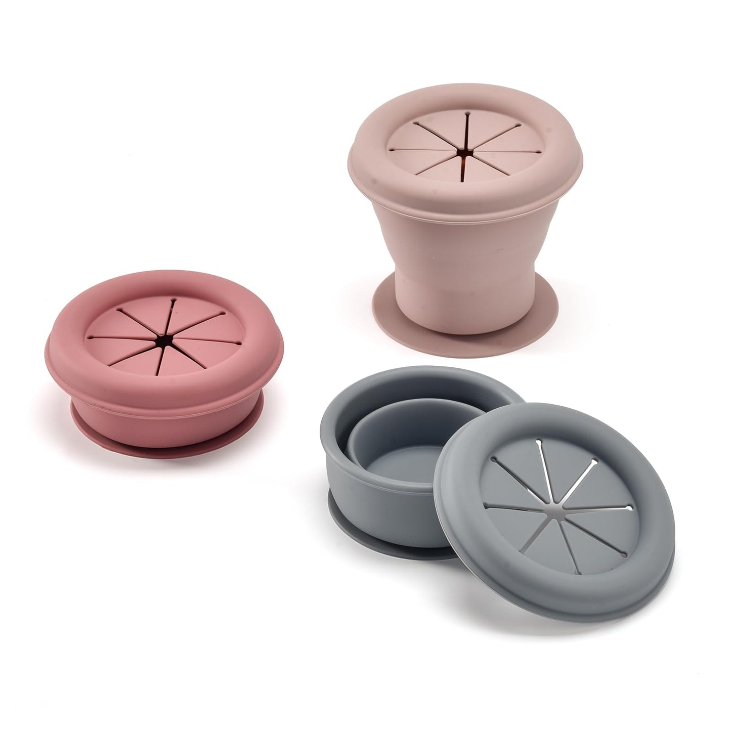 Imagination Junction silicone snack container, snack cups for toddlers spill proof, Food Grade Silicone Cups, 3pcs, (Pink, Light