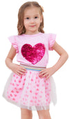 Retsugo Toddler Girls Heart Skirt Set Valentines Day Outfit Kids Flutter Shirt Tulle Skirts Tutu Heart Print Dress 18-24 Months