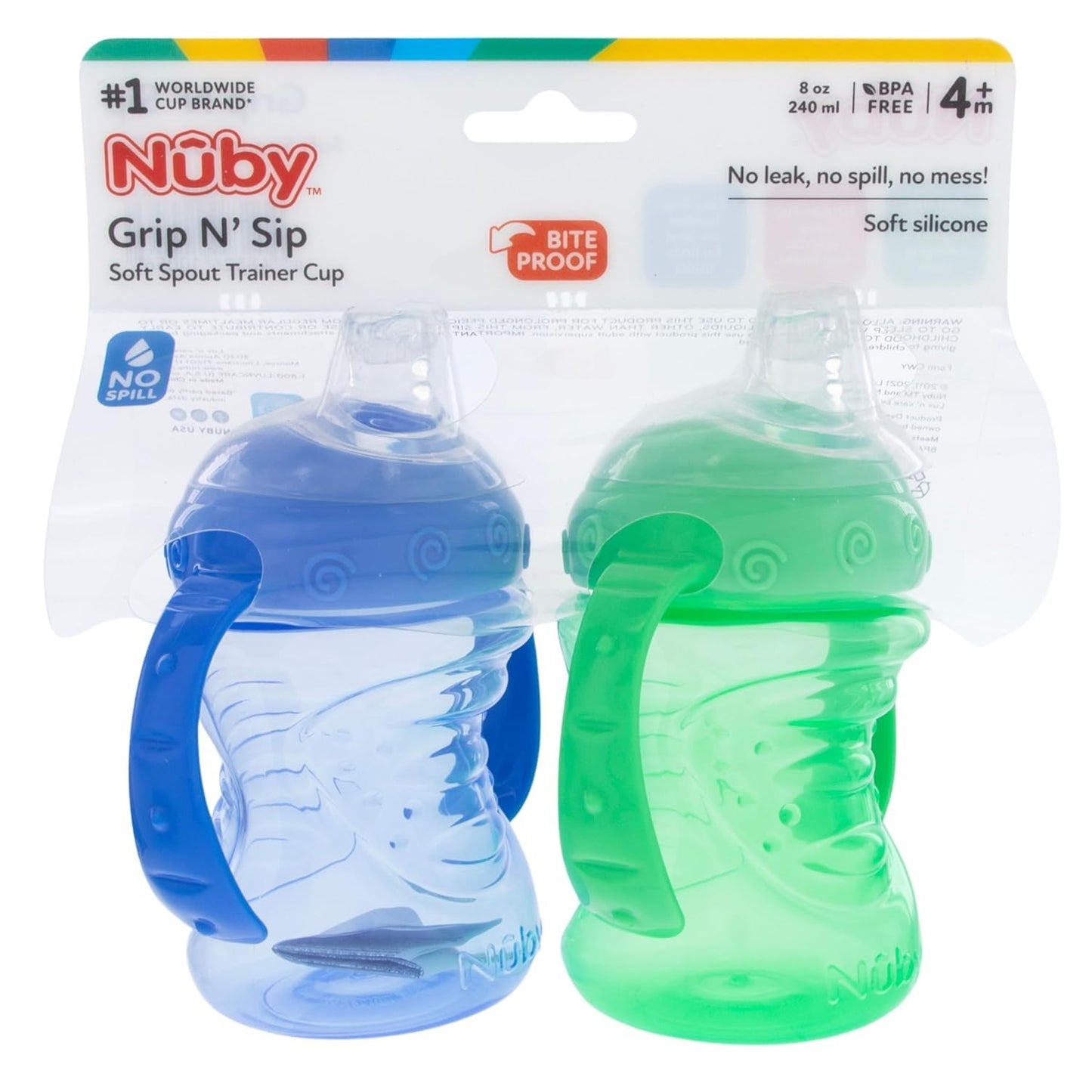 Nuby Plastic 2-Pack Tow-Handle No-Spill Super Spout Grip N' Sip Cup, 8Oz, Blue And Green