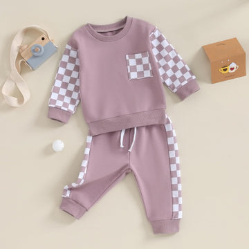 Beqeuewll Baby Girl Clothes Fall Winter Outfits Long Sleeve Sweatsuit Checkboard Sweatshirt And Pants Toddler Infant Clothing (P