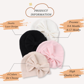 Newborn Baby Girl Hat Cotton Baby Bow Beanie Preemie Hats Spring Infant Hats For Girls 0-12 Months (4Pack-E, Preemie)