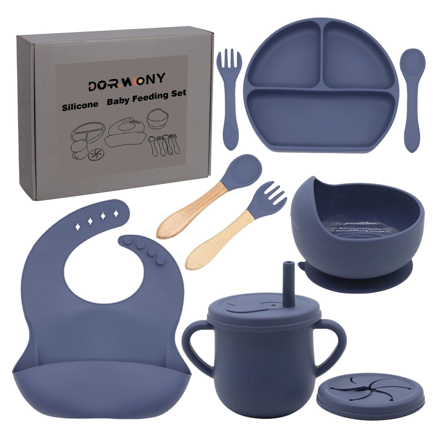 Dormlony 100% Silicone Baby Feeding Set, BPA Free Baby Dishes with Suction Bowl, Divided Plate, Toddler Self Feeding Dish Set wi