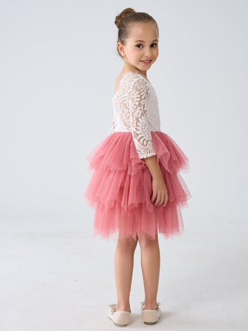 2Bunnies Girl Peony Lace Back A-Line Tiered Tutu Tulle Flower Girl Dress (Dusty Rose Sleeve Short, 6M)