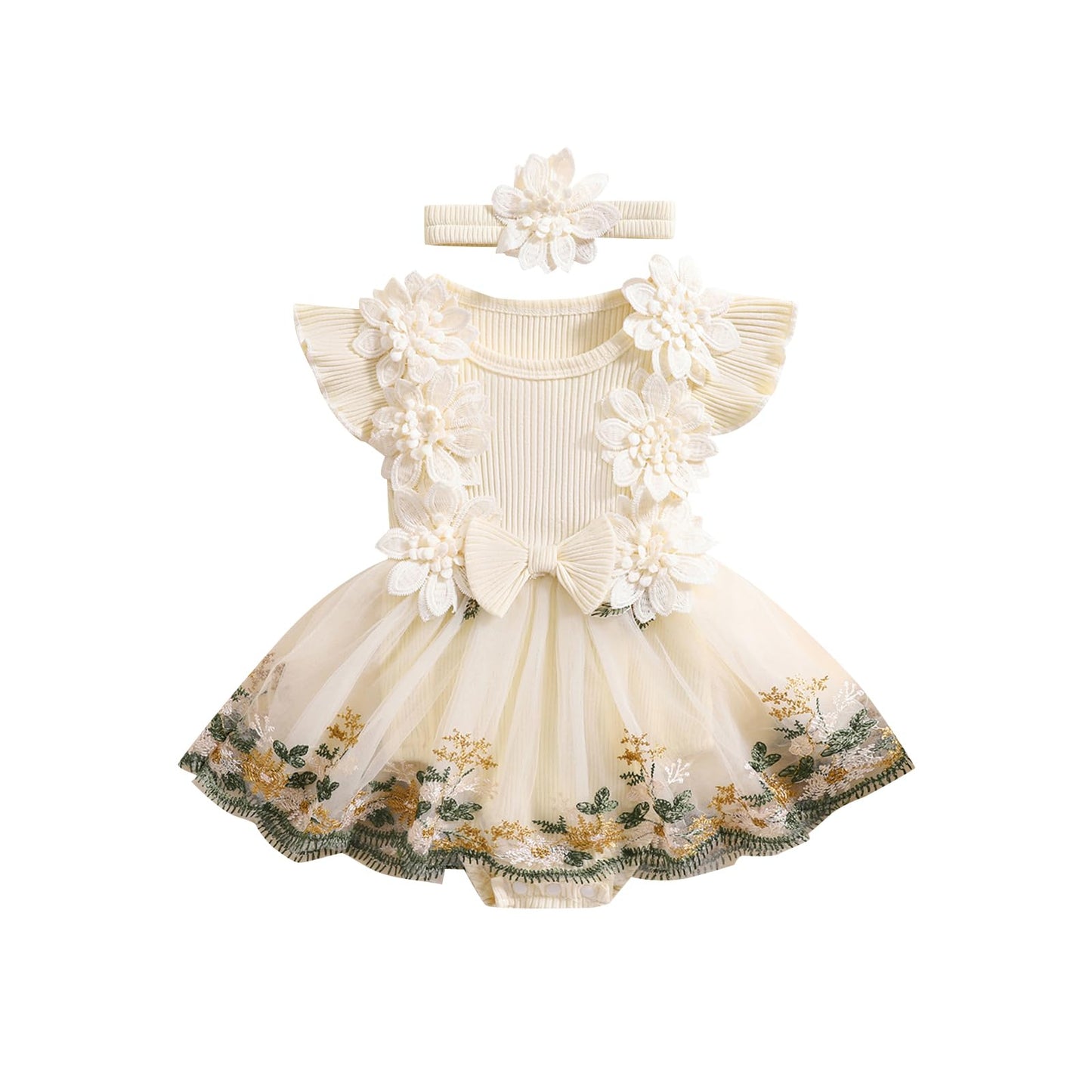Infant Baby Girl Summer Clothes Romper Dress Embroidery Mesh Tulle Skirt Hem Ribbed Bodysuit Cute Newborn Outfits (Floral Aprico