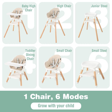 Baby Joy High Chair, 6 In 1 Convertible Wooden Highchair For Babies & Toddlers With Adjustable Legs, Double Removable Tray, Safe