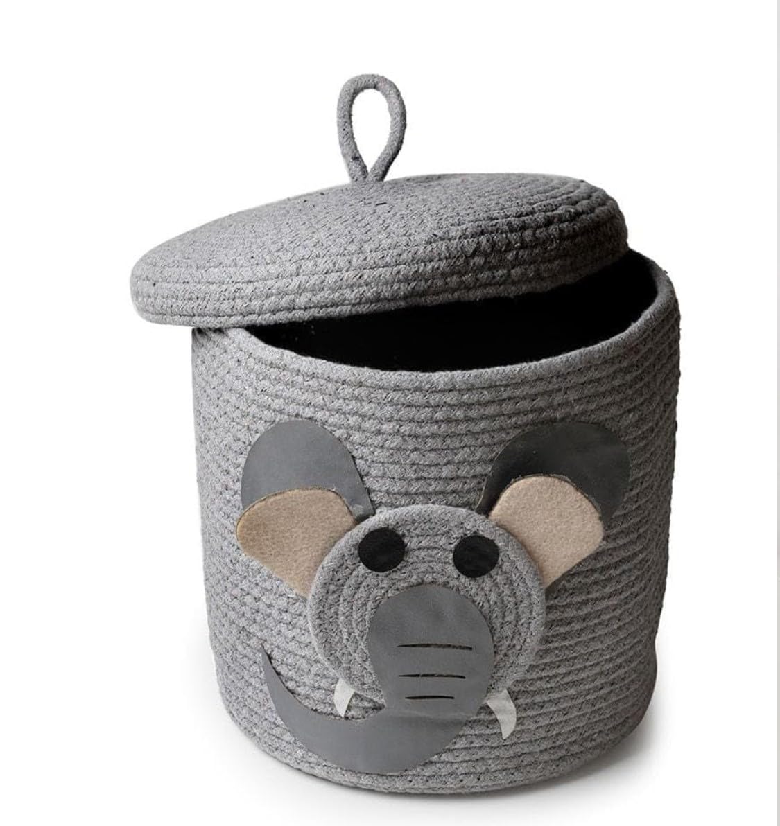 VELVET VIBE Kids Lid Baskets with Beautiful Characters Rope Baskets for Baby Diaper, Stuffed Animal Storage (Grey Ele)