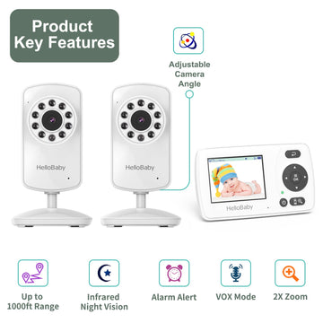Hellobaby Monitor With 2 Cameras, 2.4'' Portable Travel Screen Baby Monitor No Wifi, 1000Ft Long Range Video Baby Monitor, Night