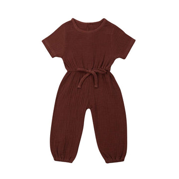 Mubineo Toddler Baby Girl Summer Fall Basic Plain Short Sleeve Cotton Linen Drawstring Romper Jumpsuit (Coffee, 3-4T)