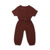 Mubineo Toddler Baby Girl Summer Fall Basic Plain Short Sleeve Cotton Linen Drawstring Romper Jumpsuit (Coffee, 12-18 Months)