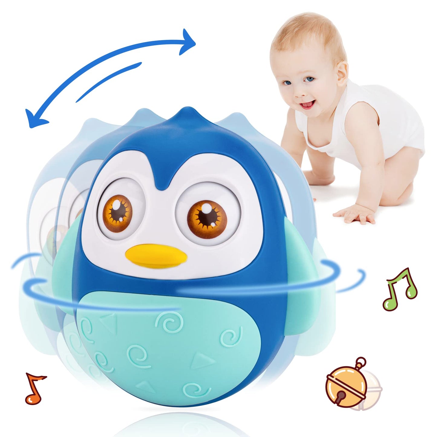 UNIH Roly Poly Baby Toys 6 to 12 Months, Tummy Time Wobbler Toys, Penguin Tumbler Wobbler Toys for Infant Boy Girl Gifts (Blue)