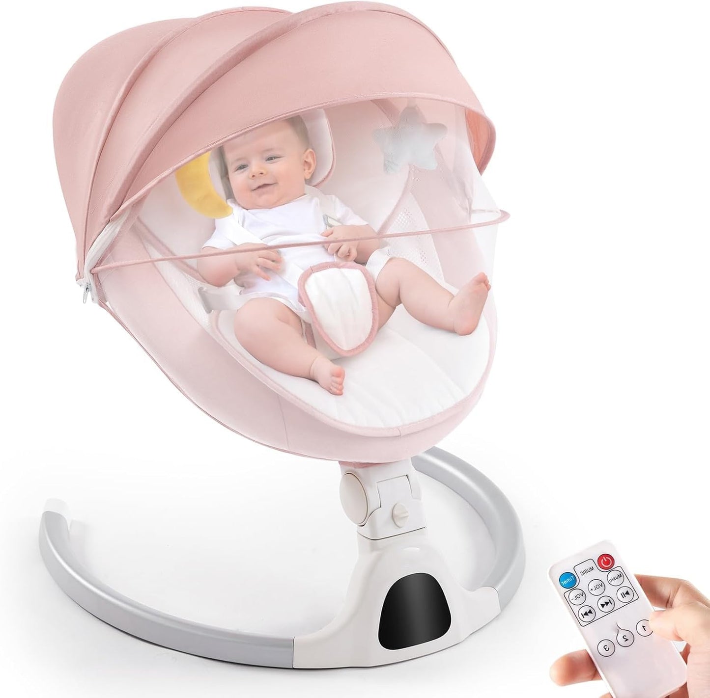 Baby Swing for Infants,Comfort Cradling Baby Rocker Portable Newborn Swing with Music/Remote Control/Timing Function,Grey (Pink)