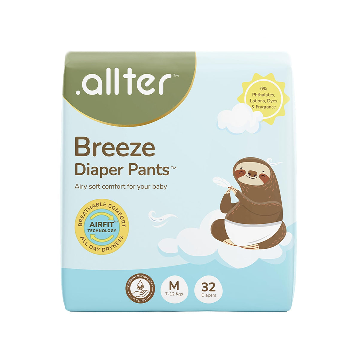 .Allter Breeze Baby Diaper Pants M Size (712 Kgs) | 32 Count, Pack Of 1 | Airfit Technology For Breathable Comfort| Dermat Te