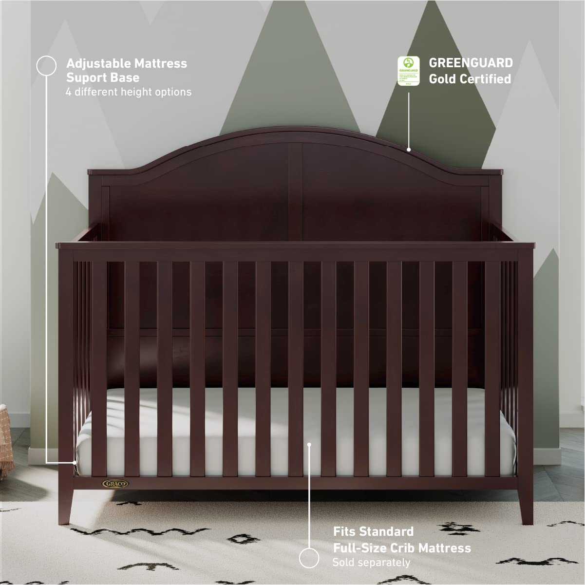 Graco Wilfred 5-In-1 Convertible Crib (Espresso) - Greenguard Gold Certified, Converts To Toddler Bed And Full-Size Bed, Fits St