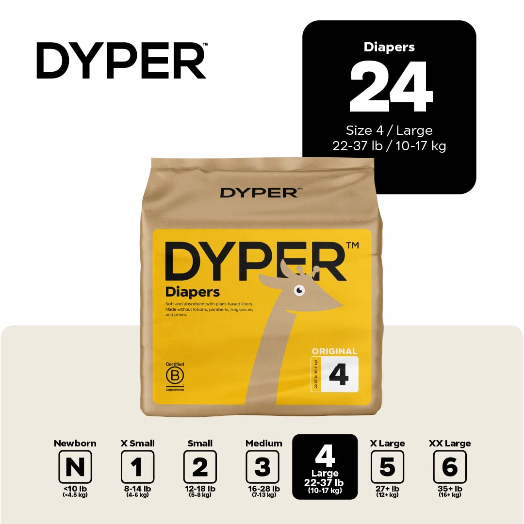 DYPER Baby Diapers Size 4 | Honest Ingredients | Cloth Alternative | Day & Overnight | Made with Plant-Based* Materials | Hypoal
