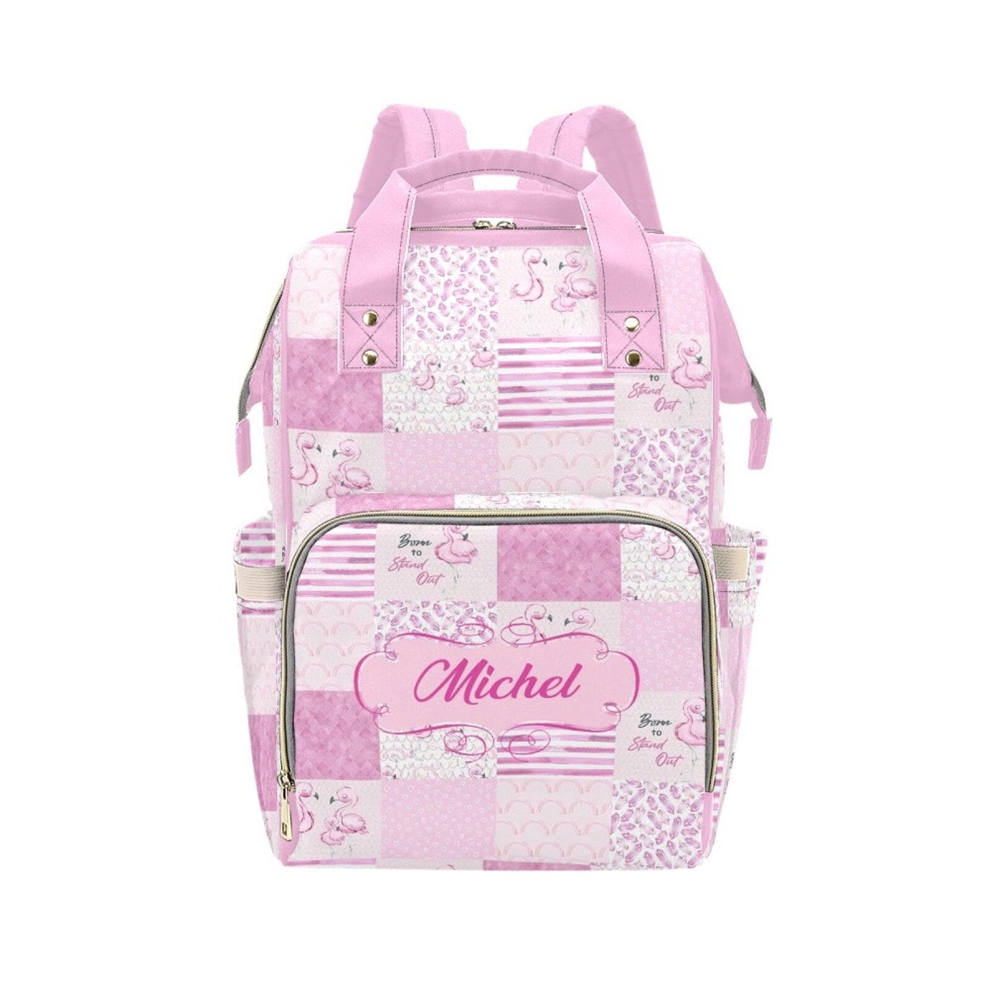 Custom Flamingo Baby Diaper Bag with Name - Personalized Nursing Travel Tote Backpack for Mom or Dad, Custom Name Baby Daypack G