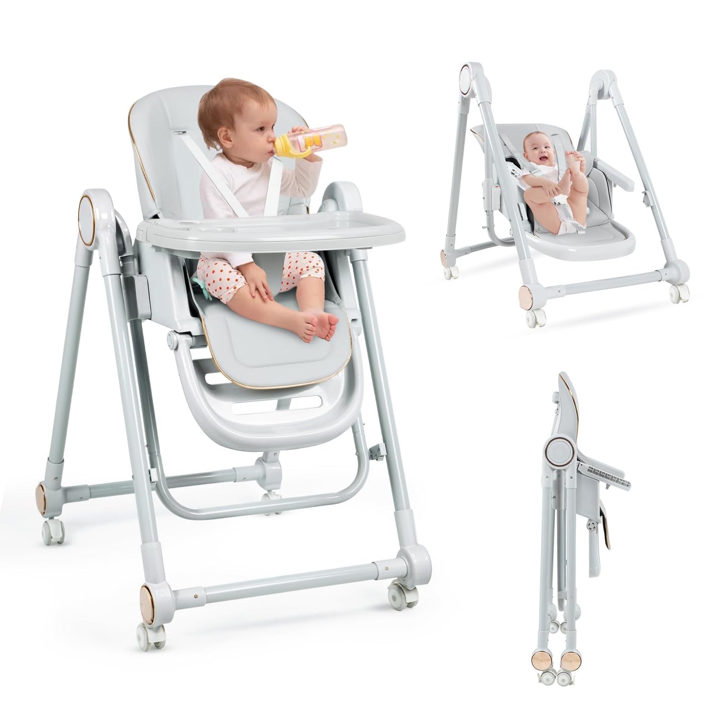 High Chairs for Babies and Toddlers, Portable Baby Swings for Infants with 5 Point Harness,High Chair with Wheels Adjustable Hei
