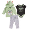 Star Wars The Child Infant Baby Boys Fleece Hoodie Short Sleeve Bodysuit And Pants 3 Piece Baby Outfit Set Grey/Green 12 Months