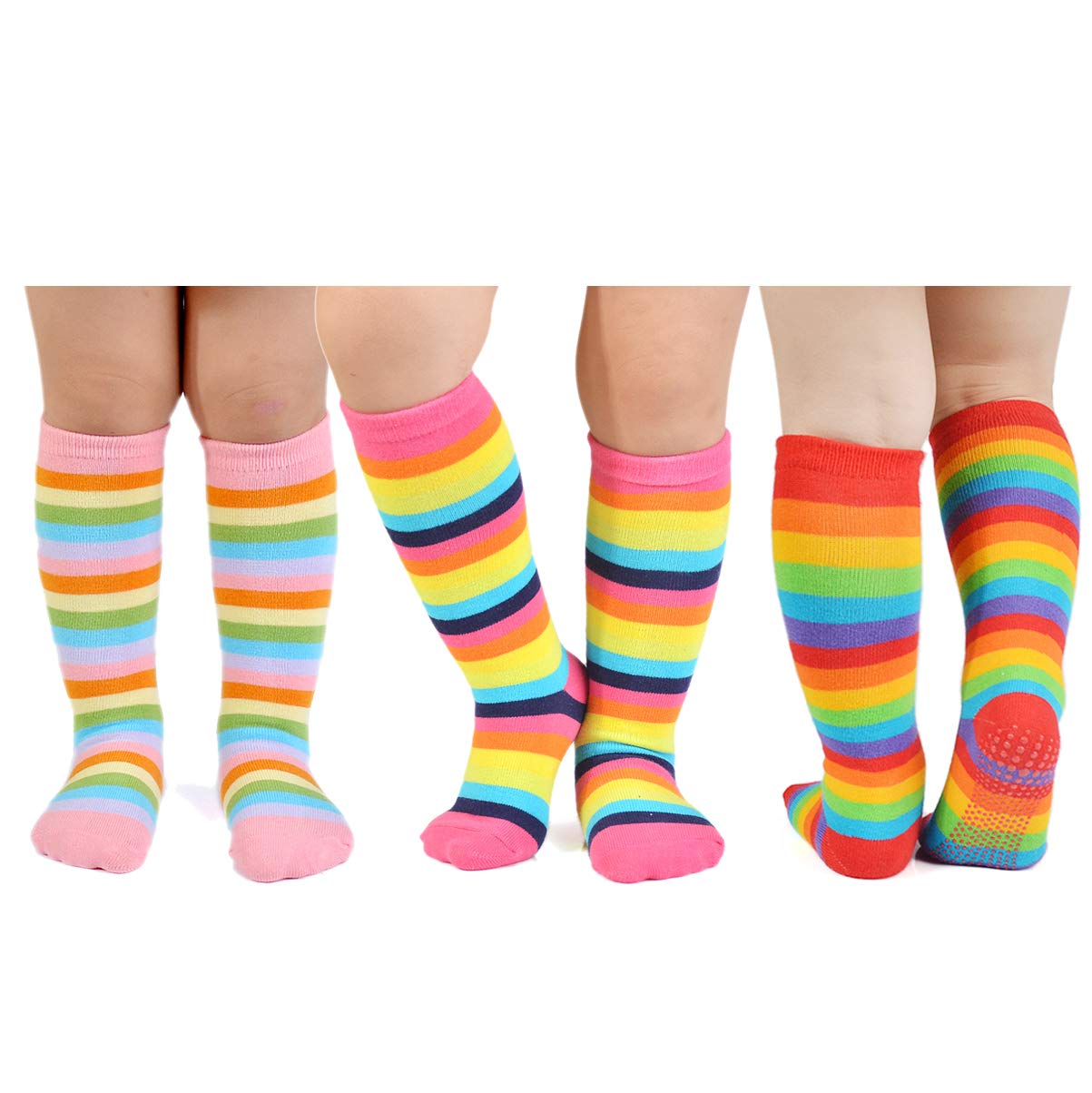 Epeius Baby Girl Rainbow Striped Knee High Socks Soccer Socks Cotton Non-Skid Uniform Tube Stockings Toddler Girls Grip Socks Fo